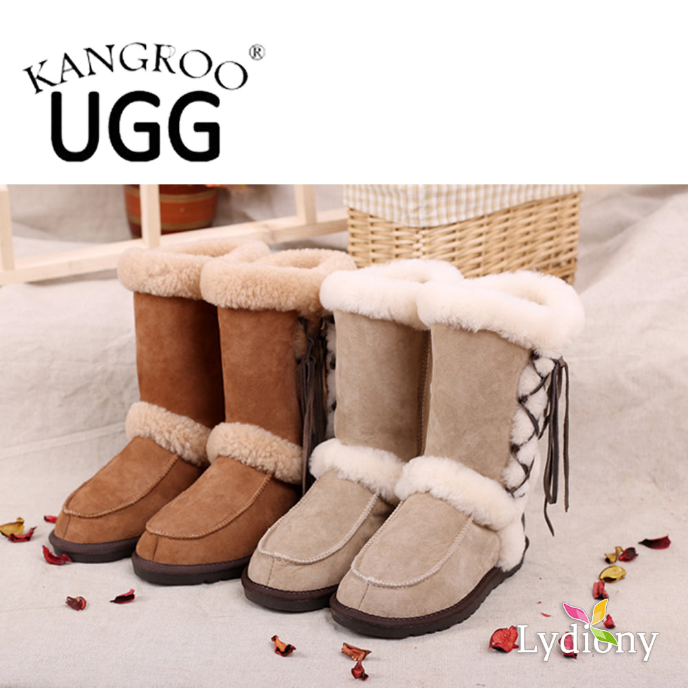 Kangroo® UGG D3101 Sand Color Lady Lace Sheepskin Boots Outdoor Winter Warm Shoes
