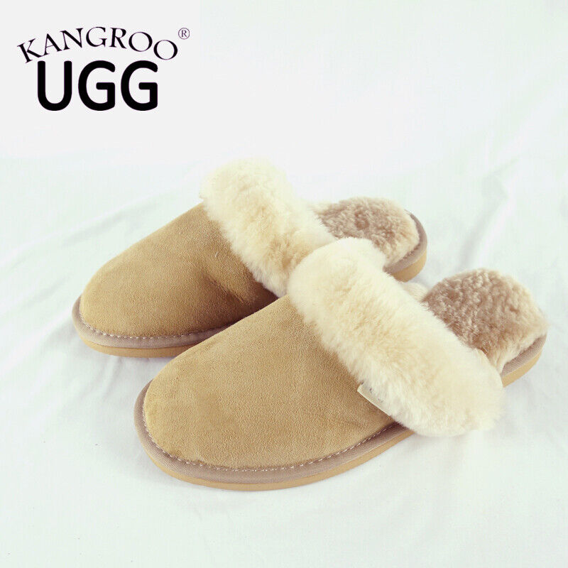 Kangroo® UGG D064 Sand Color Slip On Sheepskin Slippers Unisex Scuffs Comfort Indoor Winter Shoes