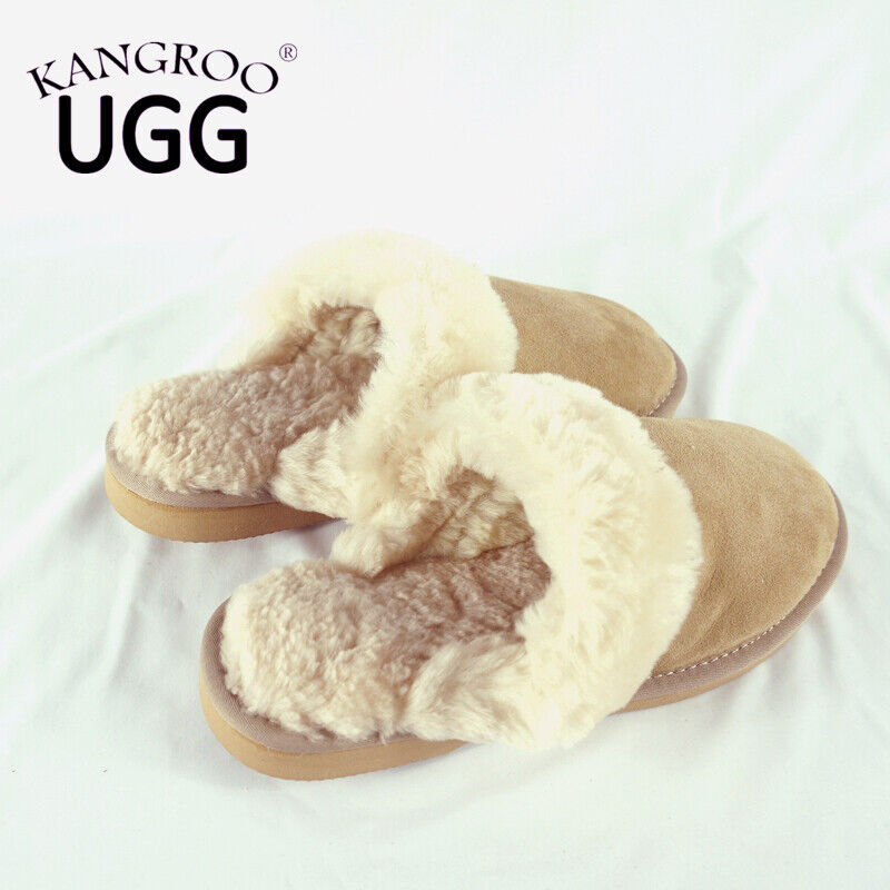 Kangroo® UGG D064 Sand Color Slip On Sheepskin Slippers Unisex Scuffs Comfort Indoor Winter Shoes
